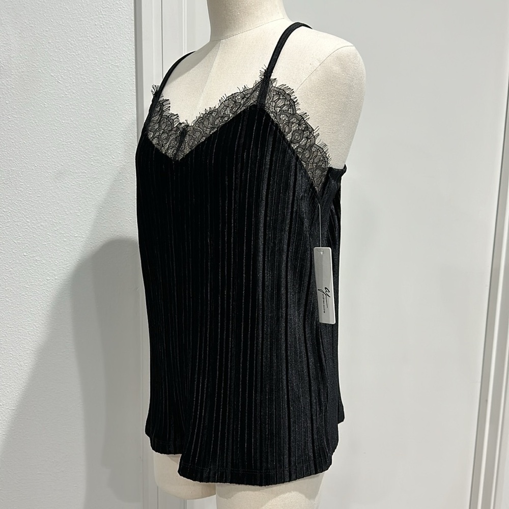 Andrea Jovine Black Velvet Tank Top with Lace Trim - M